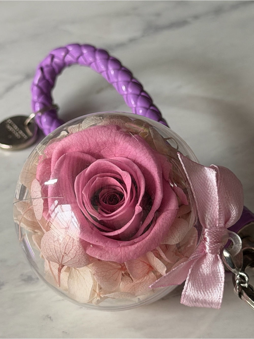 Purple Braided Wristlet Keychain with Pink Preserved Rose